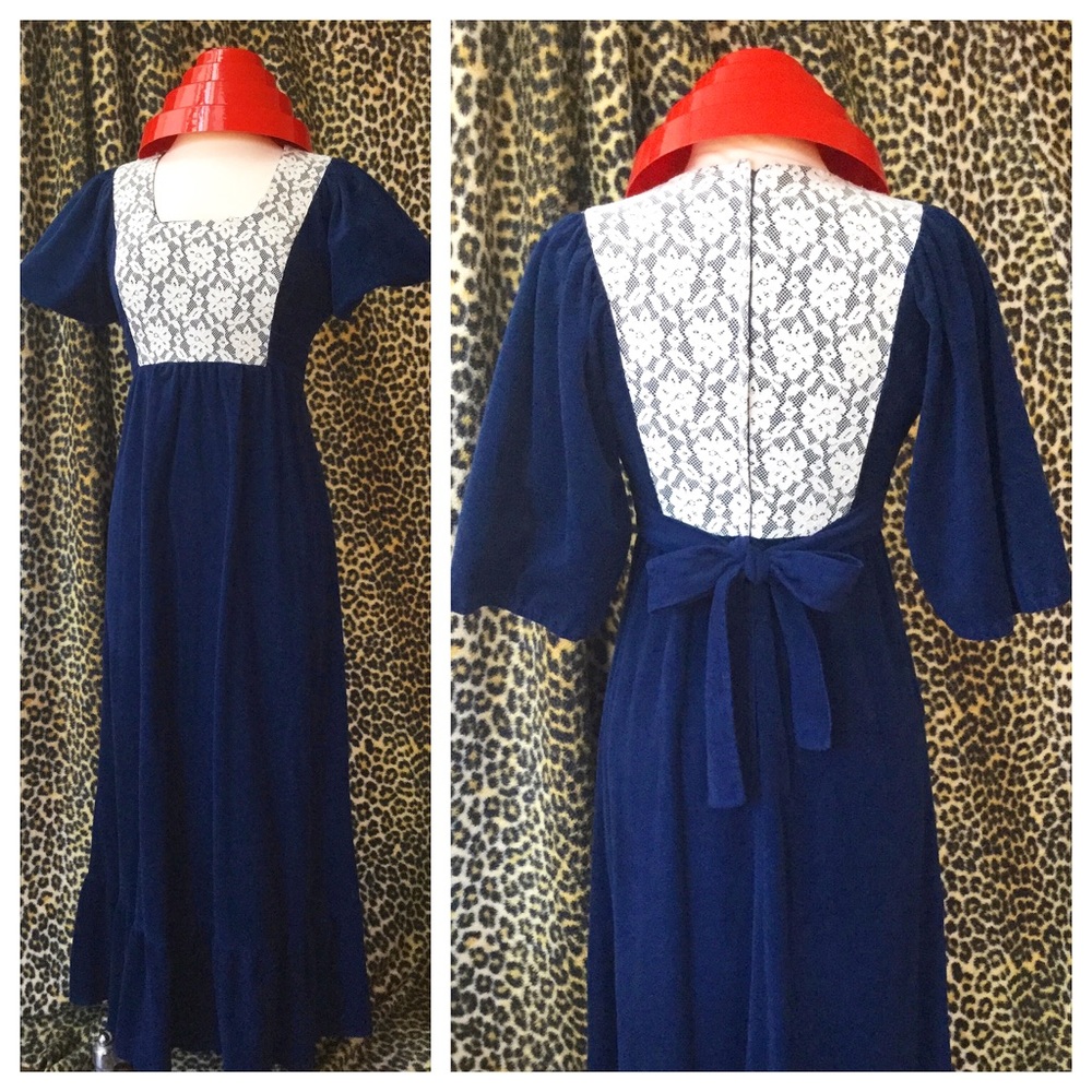 Vtg 70s RAD Blue Velour Empire Prairie Maxi Dress